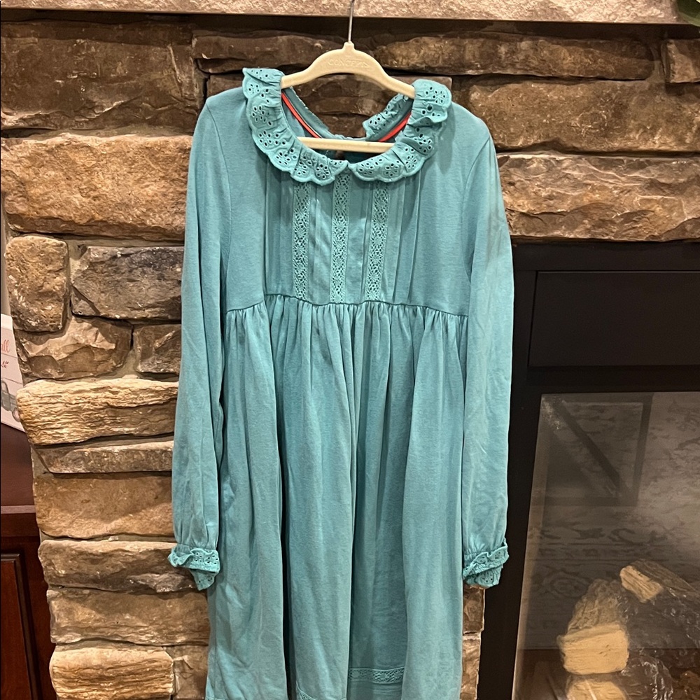 Mini Boden Teal Kids Dress with Eyelet Collar